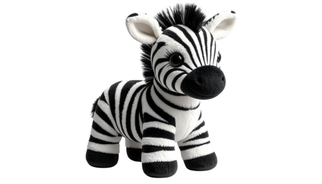 Realistic zebra plushie doll with soft texture, black and white stripes, isolated on transparent background, PNG format.
 - Powered by Adobe