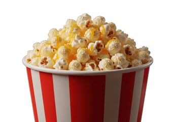 A classic red and white striped bucket overflows with fluffy, buttered popcorn, salt crystals on dark wood, blurred warm home, cinematic lighting, inviting movie night atmosphere