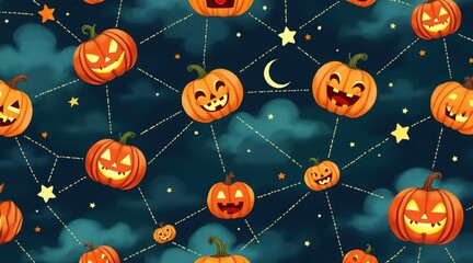 Seamless pattern of jackolanterns and stars against a dark, cloudy night sky, ideal for halloween designs