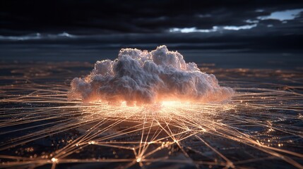 Ethereal Cloudscape: A Digital Network Connected to a Glowing Cloud Above the Ground