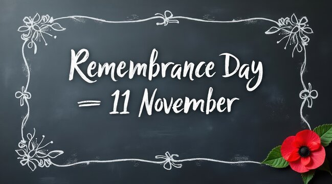 Remembrance day 11 november text on a chalkboard with a poppy flower and decorative border