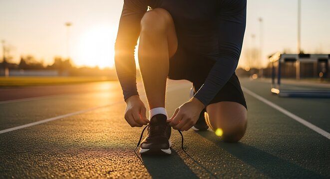 Athlete prepares for a run by tying shoelaces on a track under the warm glow of the setting sun, symbolizing dedication and fitness achievements.