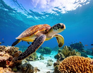 Obraz premium A graceful sea turtle swims serenely over a vibrant, thriving coral reef in clear tropical water.