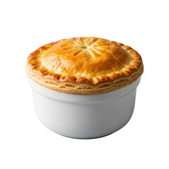 A steaming, perfectly baked single-serving steak and ale pie with golden-brown, flaky puff pastry in a white ramekin on a transparent background, delicious comfort food concept