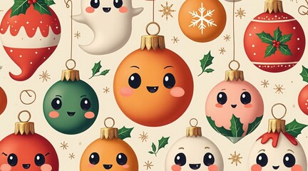 A festive and cheerful seamless pattern of cute cartoon christmas ornaments with happy faces, perfect for holiday decorations