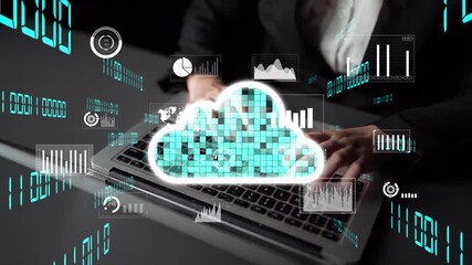 A business professional engages with a laptop, showcasing the concept of cloud technology and data analysis through digital graphs and innovative workplace solutions. Xenic - Powered by Adobe