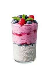 Tall clear glass jar with layered healthy dessert: off-white chia seed pudding, vibrant pink-purple berry smoothie, fresh blueberries, raspberries, mint, on transparent background. Concept of healthy