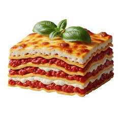 Thick, perfectly cut homemade lasagna slice with golden-brown cheese, rich ragu, béchamel, pasta, and fresh basil on a white plate, isolated transparent background, appetizing culinary concept.