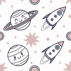 Seamless marine vector illustration with cute aquatic animals, a rocket, and space for your text