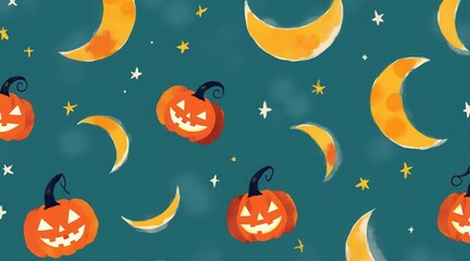 Seamless halloween pattern with jackolanterns, crescent moons, and stars on a dark teal background