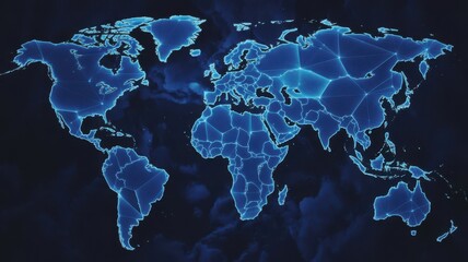 Fototapeta premium Digital World Map with Connected Blue Lines and Dark Background interconnected nodes