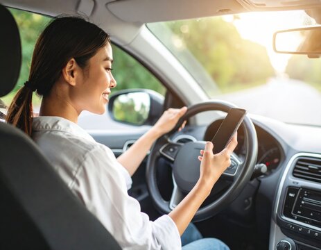 Young woman using smartphone while driving car creating dangerous distracted driving situation with sunlight streaming through windows