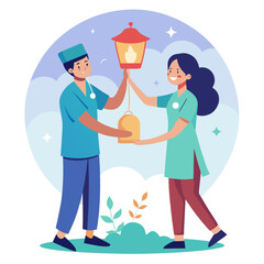 Two healthcare workers holding a lantern together, symbolizing hope and guidance in the medical field