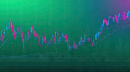Abstract stock market chart with vibrant, fluctuating candlestick patterns on a soft, gradient teal background