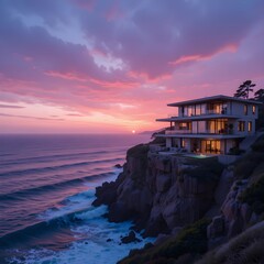 Modern cliffside house overlooking the ocean at sunset with pink sky