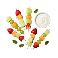 Vibrant fruit skewers (honeydew, cantaloupe, grapes, strawberries) with creamy white yogurt dip and mint, on a transparent studio background, bright flat lay lighting. Healthy appetizer concept