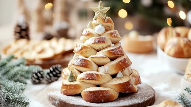 Delicious christmas tree bread centerpiece with festive decorations, creating a warm and inviting holiday atmosphere