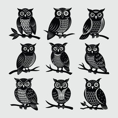 Owl sitting on branch bundle set with spooky silhouette style, ideal for eerie t-shirts, mugs, stickers, and haunted vector art.