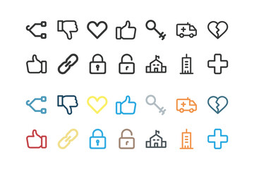 Obraz premium Line Icon Set Sharing, Dislike, Heart, Like, Key, Ambulance, Broken Heart, Lock, School, Hospital