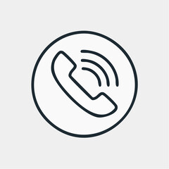 Simple black line art illustration of a ringing telephone receiver, a universal symbol for making a call, customer service, or a support hotline