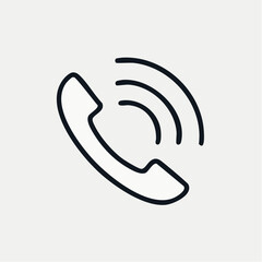 Minimalist monochrome line art icon of a classic telephone receiver with dynamic sound waves, symbolizing an active call, crucial communication, or customer support