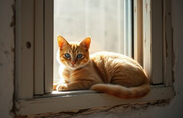 A charming orange cat with striking blue eyes relaxes in a sunlit window nook.