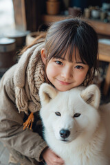 confident Korean woman with long hair, smiling and gently touching her blemish-free skin on her cheek, gazing directly at the camera against a light blue background, perfect for a skincare