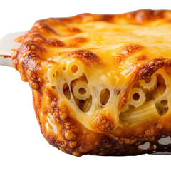 Extreme close-up, photorealistic view of crispy, caramelized macaroni and cheese casserole edge with gooey melted cheese, elbow pasta, in a rustic ceramic dish on a transparent background, appetizing