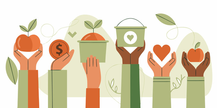 Diverse hands offering support and resources for community growth and well being