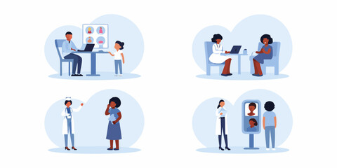 Diverse group of people interacting with healthcare professionals in various medical settings and consultations