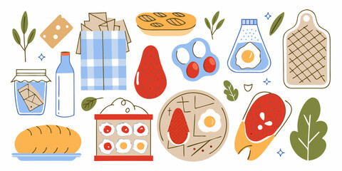 A whimsical collection of food items and kitchen essentials in a flat design style