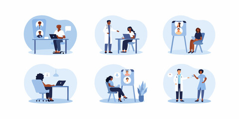 Diverse healthcare professionals engage in virtual consultations and medical discussions using technology