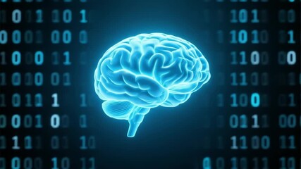 Vibrant blue human brain surrounded by flowing binary code. Represents AI, data processing, intelligence, neural networks, digital thought, and technological advancement. - Powered by Adobe