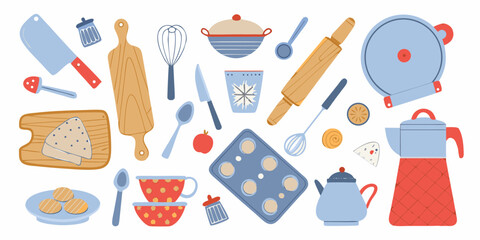 A charming collection of baking and kitchen utensils and ingredients in a flat illustrative style