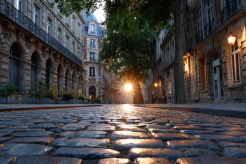 Obraz premium Sunrise on a Cobblestone Street in a European City