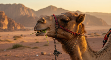 Tan Camel Eating Green Grass in Desert Landscape with Soft Sunset Lighting