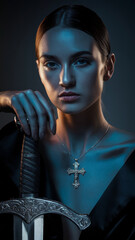 Beautiful young woman with stern expression rests her face on the hilt of her sword. Knight core in dark style.