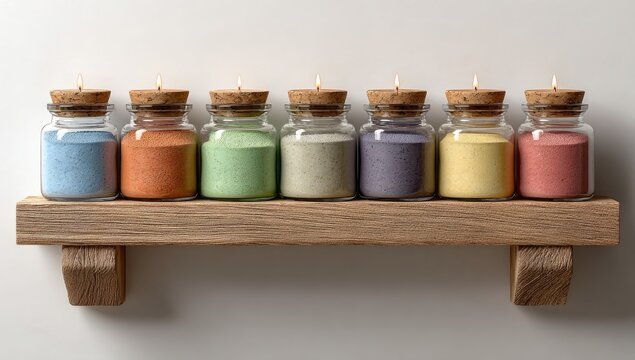 Colorful candles in glass jars on a wooden shelf