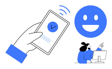 Hand holding smartphone with checkmark, happy face symbolizing satisfaction, person pointing at computer screen. Ideal for communication, feedback, approval, user experience, technology, customer