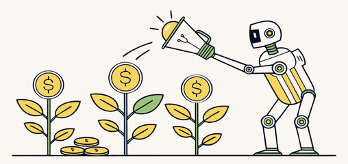 Obraz premium Robot using megaphone to nurture growing money plants. Simple line art style, yellow and green color scheme, white background.