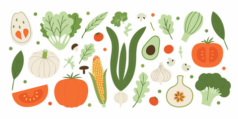 A vibrant collection of fresh vegetables and produce arranged in a playful and colorful pattern
