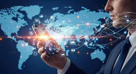 Modern businessman leveraging global network connections on smartphone for success and expansion online