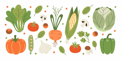 Collection of flat design fresh vegetables and ingredients on a white background