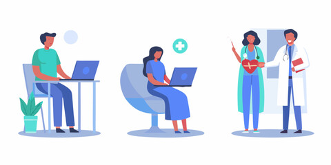 Diverse group of people using laptops and doctors with medical symbols representing healthcare and technology