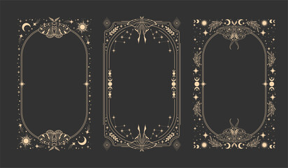 Magical esoteric frame, mystical linear decoration with moth, moon, stars isolated on gray background. Vector illustration. 