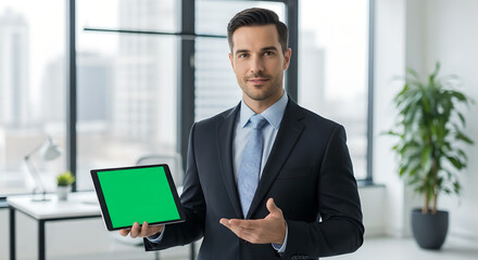 Confident Businessman Holding and Showing a Tablet with a Green Screen