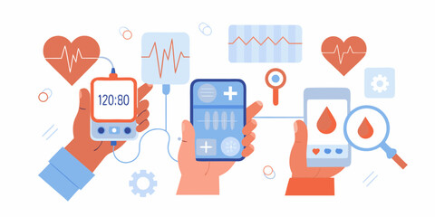 Hands holding medical devices showing heart rate blood pressure and blood drop icons with medical charts and graphs
