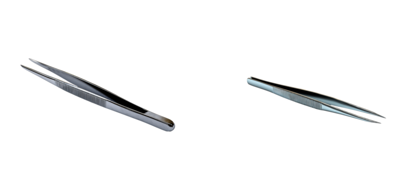 Two Stainless Steel Forceps Tools on Transparent Background, cut out
