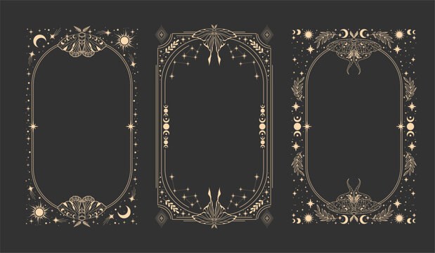 Magical esoteric frame, mystical linear decoration with moth, moon, stars isolated on gray background. Vector illustration. 