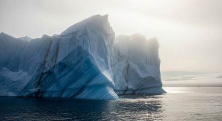Dramatic iceberg floats serenely in arctic waters under a soft, hazy sky creating a sense of wonder